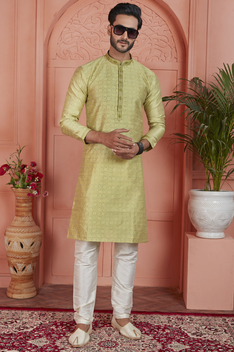 Yellow Jacquard Silk Plain Straight Kurta Pajama for Men for Festival & Wedding