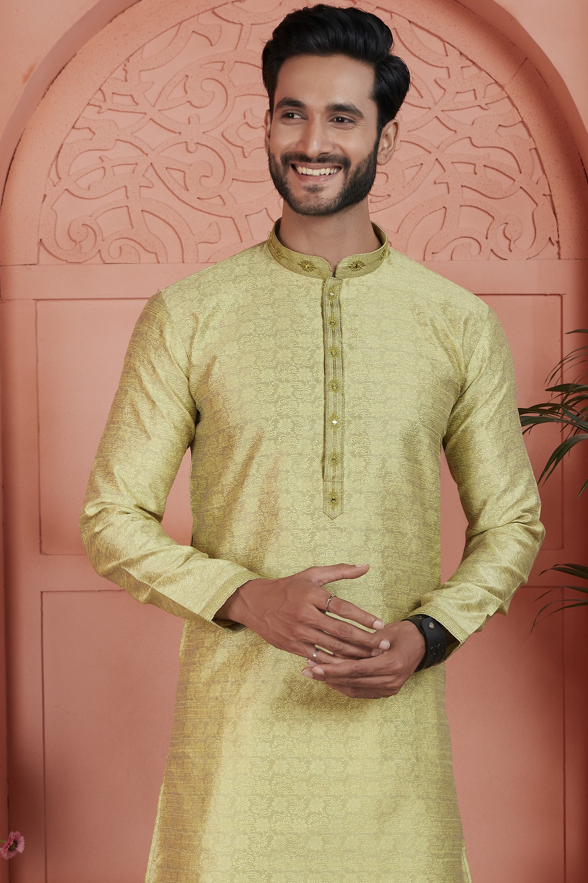 Yellow Jacquard Silk Plain Straight Kurta Pajama for Men for Festival & Wedding