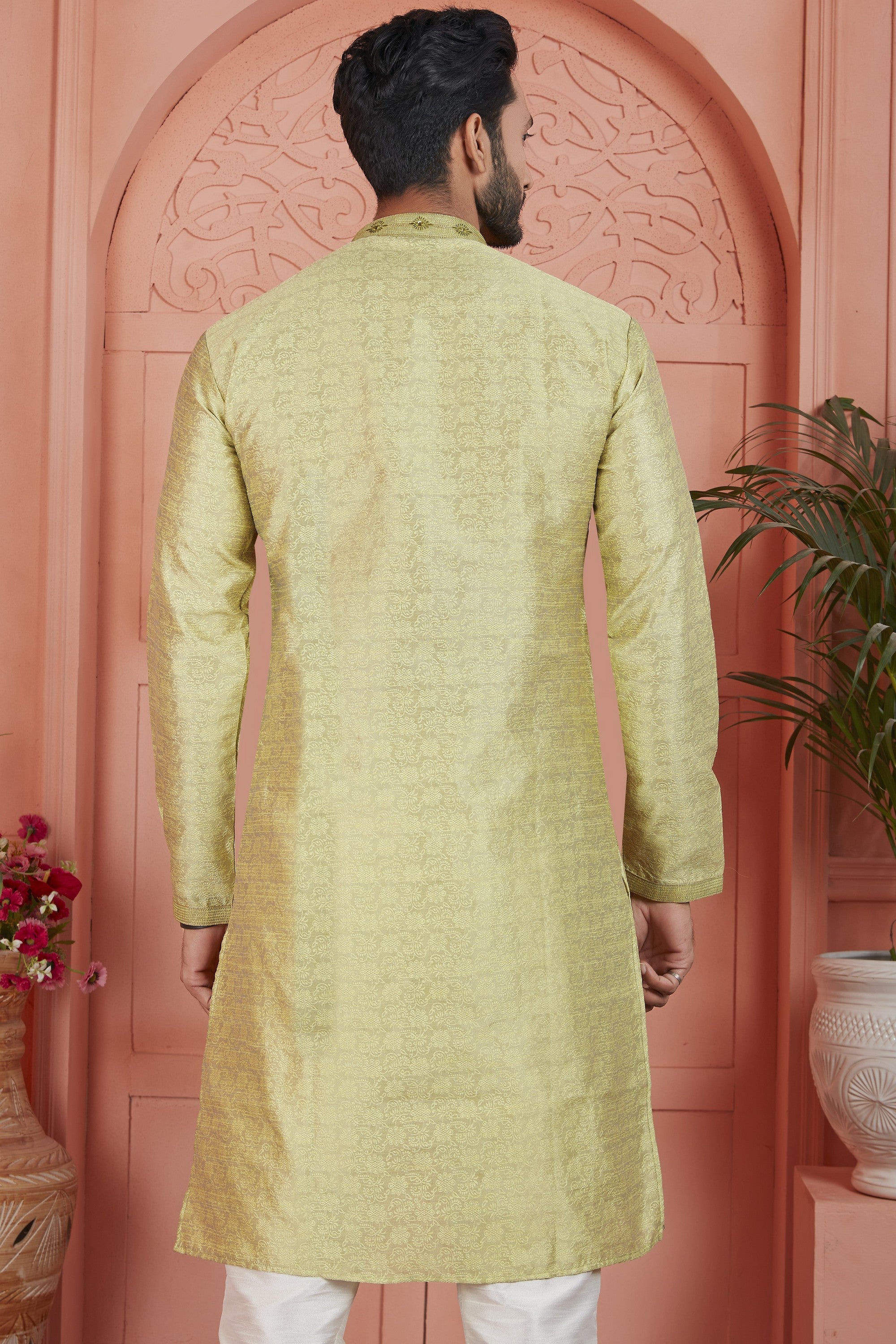 Yellow Jacquard Silk Plain Straight Kurta Pajama for Men for Festival & Wedding