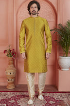 Golden Jacquard Silk Plain Straight Kurta Pajama for Men for Festival & Wedding