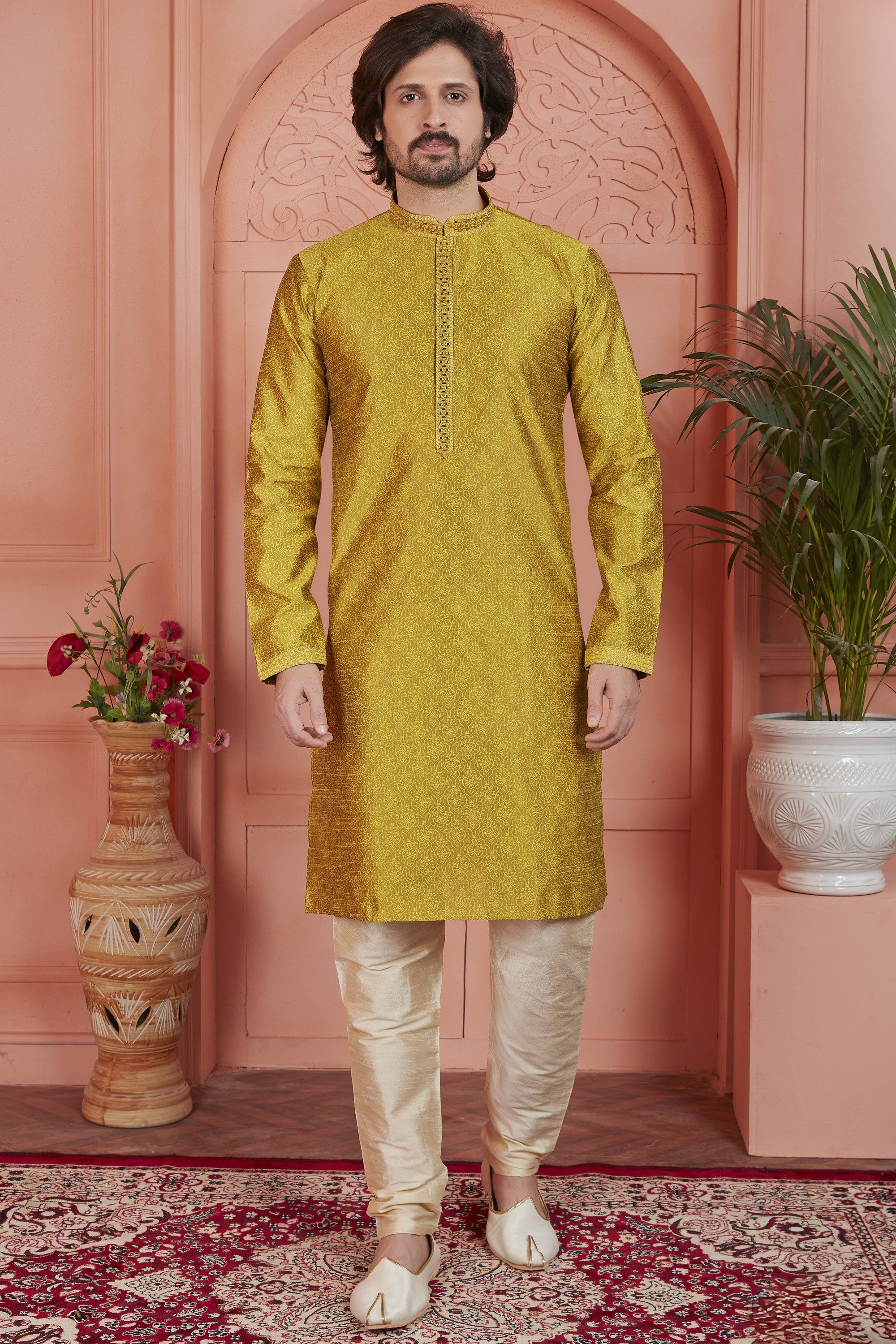 Golden Jacquard Silk Plain Straight Kurta Pajama for Men for Festival & Wedding