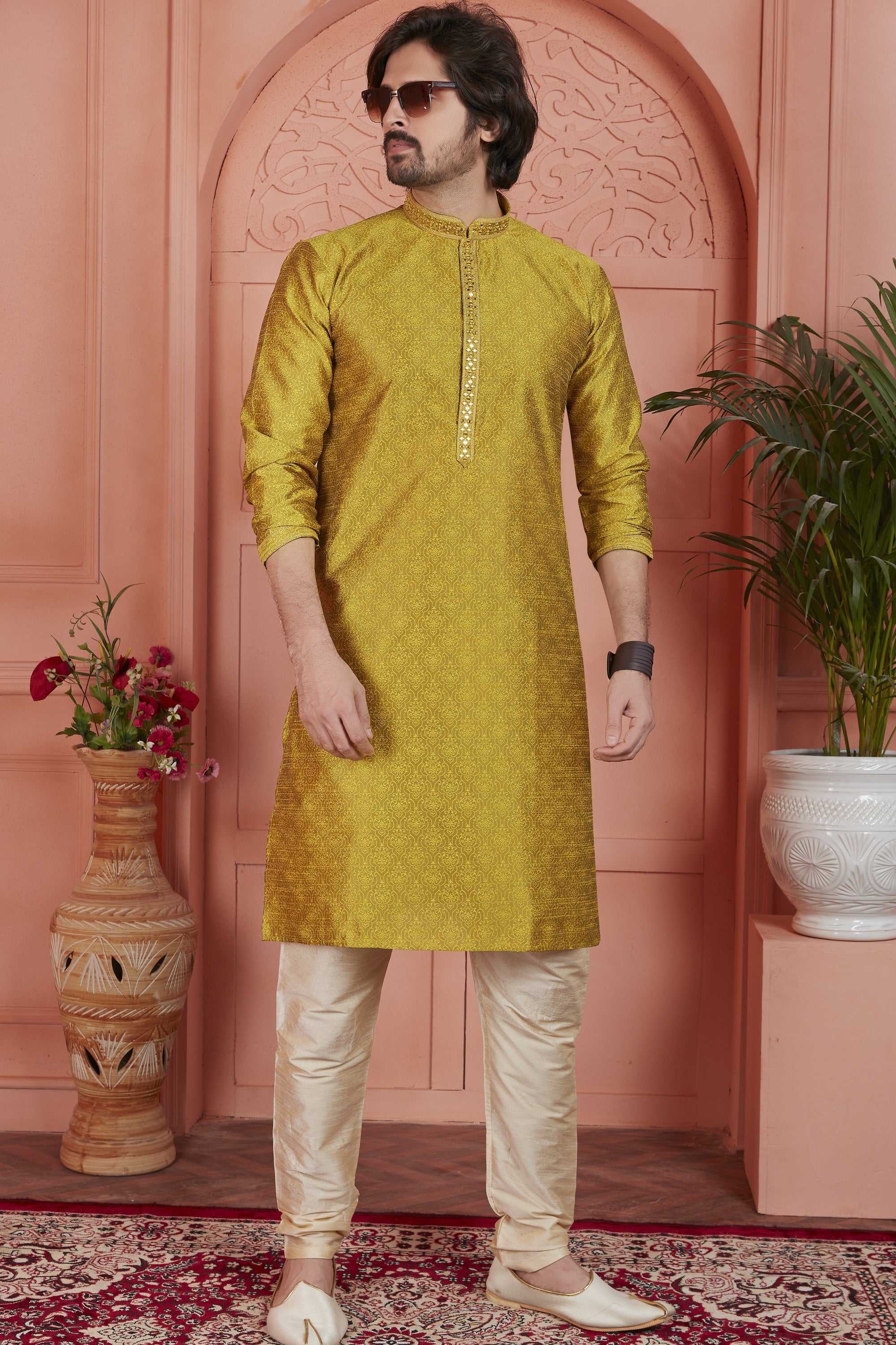 Golden Jacquard Silk Plain Straight Kurta Pajama for Men for Festival & Wedding