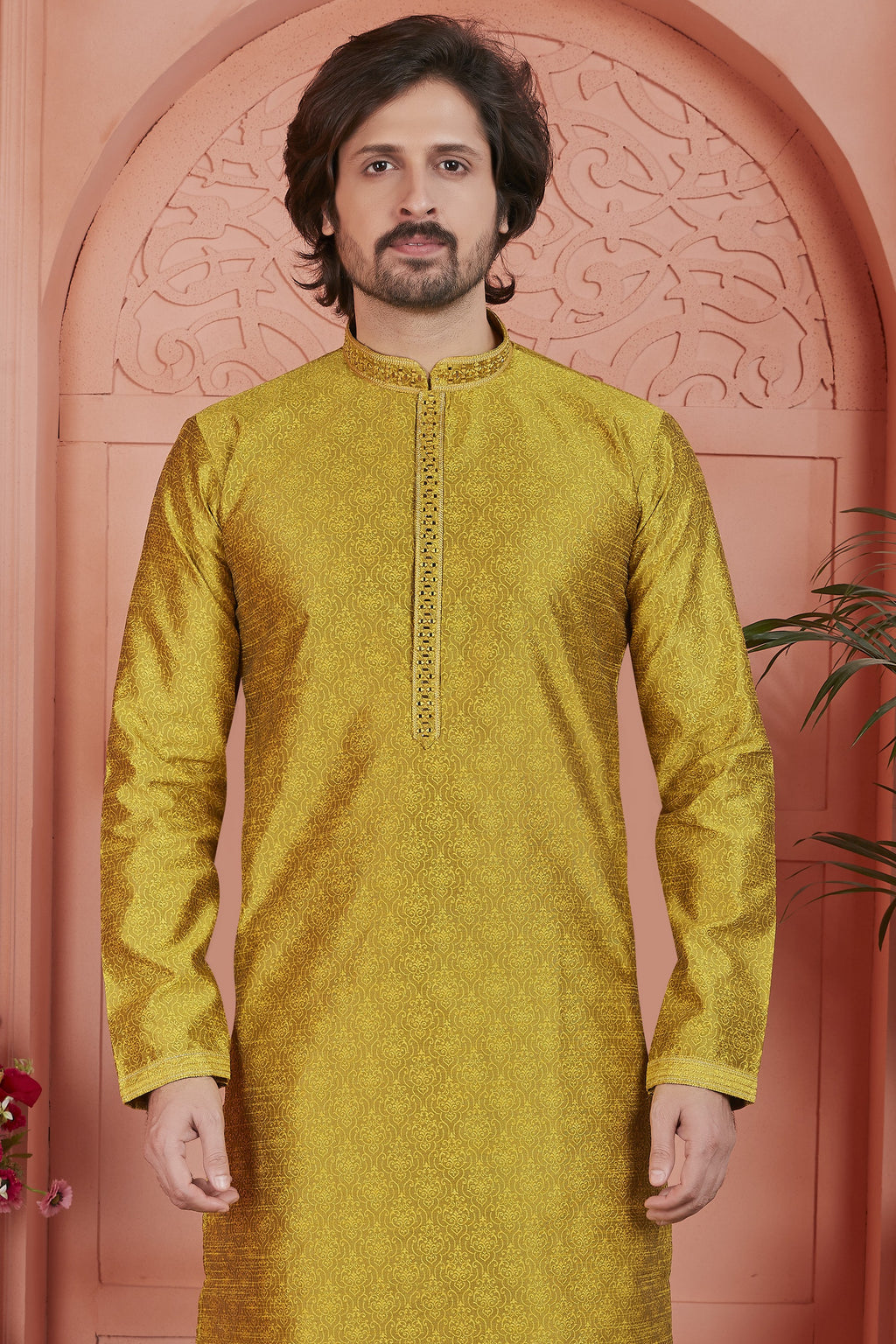 Golden Jacquard Silk Plain Straight Kurta Pajama for Men for Festival & Wedding