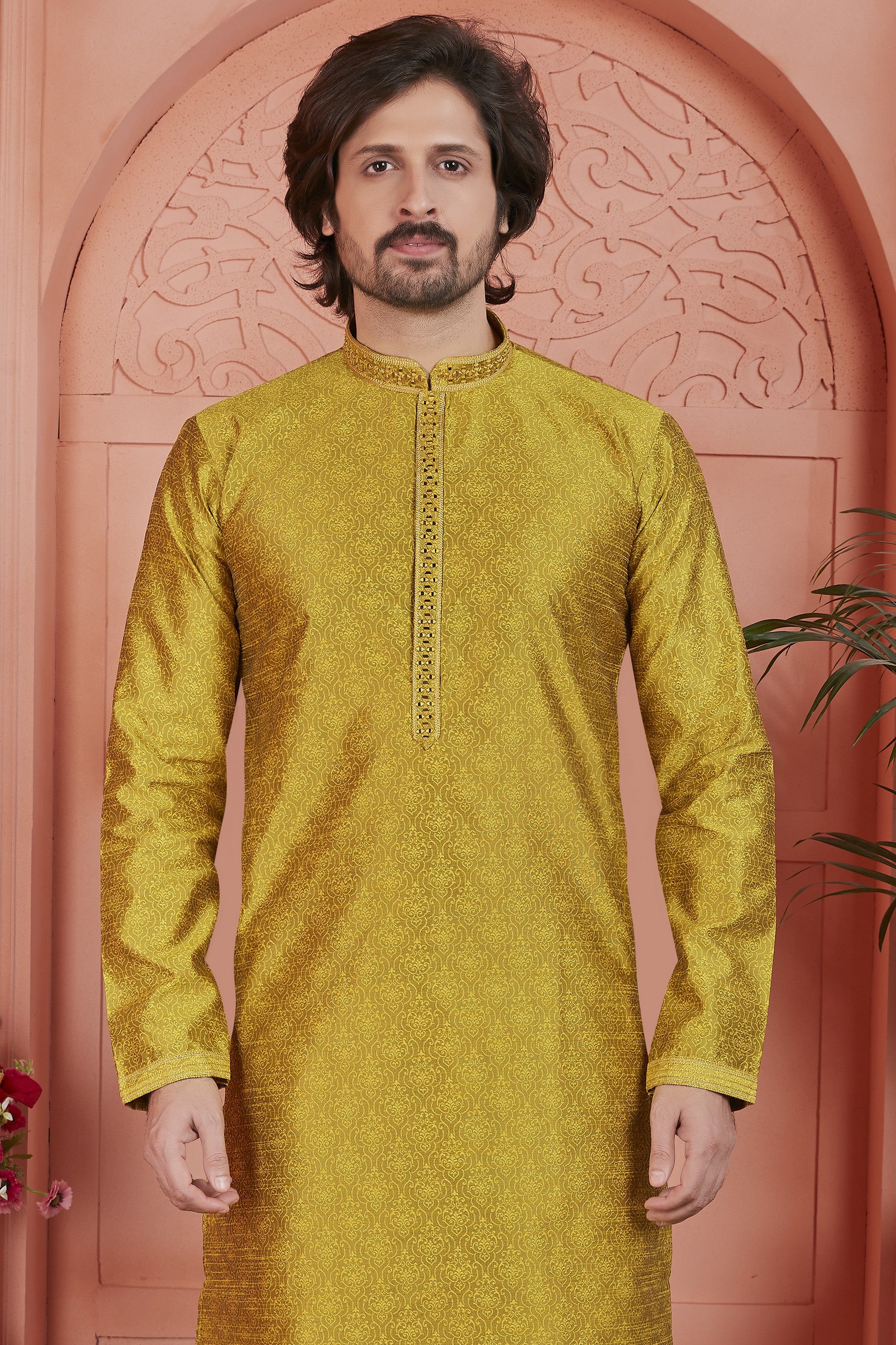 Golden Jacquard Silk Plain Straight Kurta Pajama for Men for Festival & Wedding