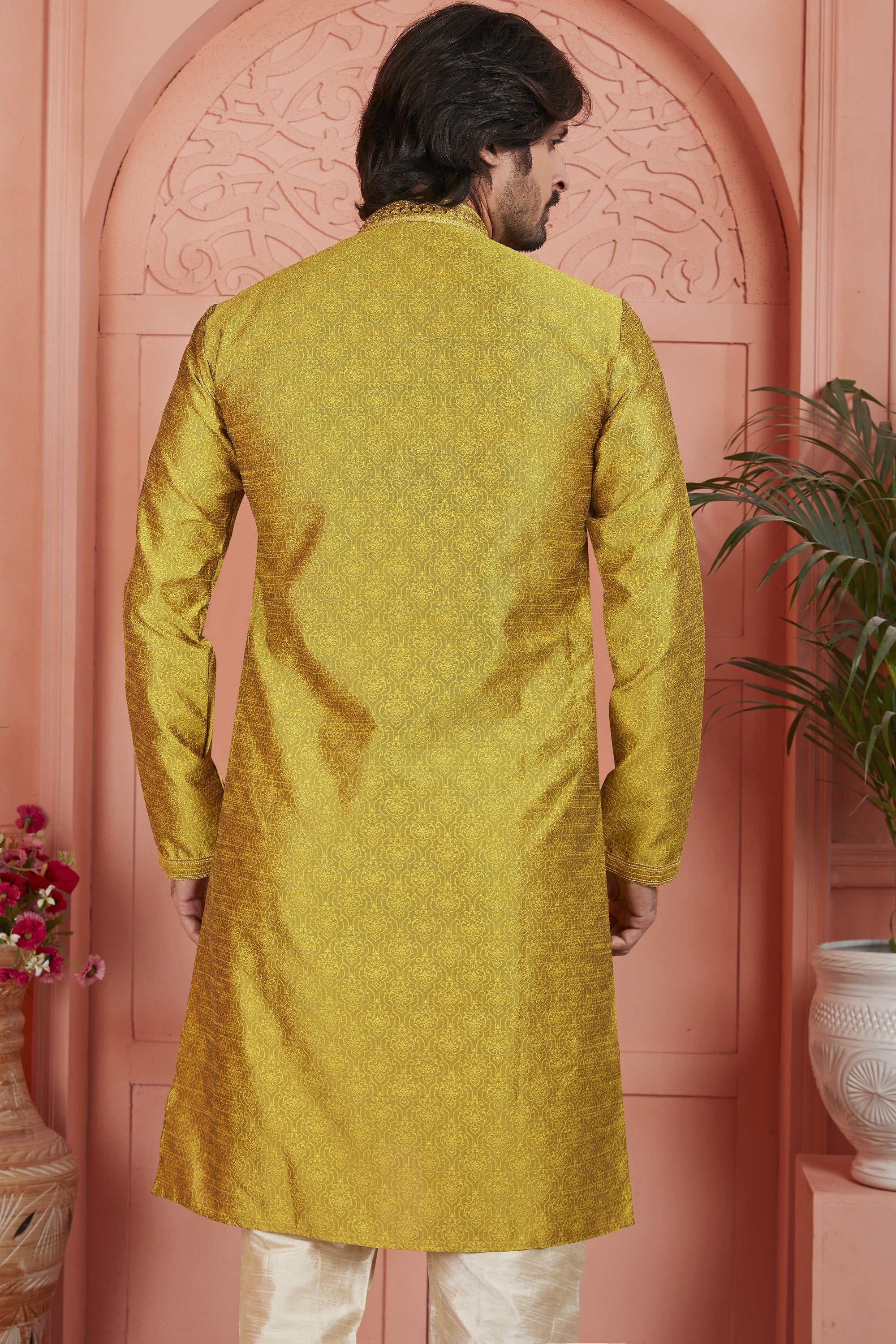 Golden Jacquard Silk Plain Straight Kurta Pajama for Men for Festival & Wedding