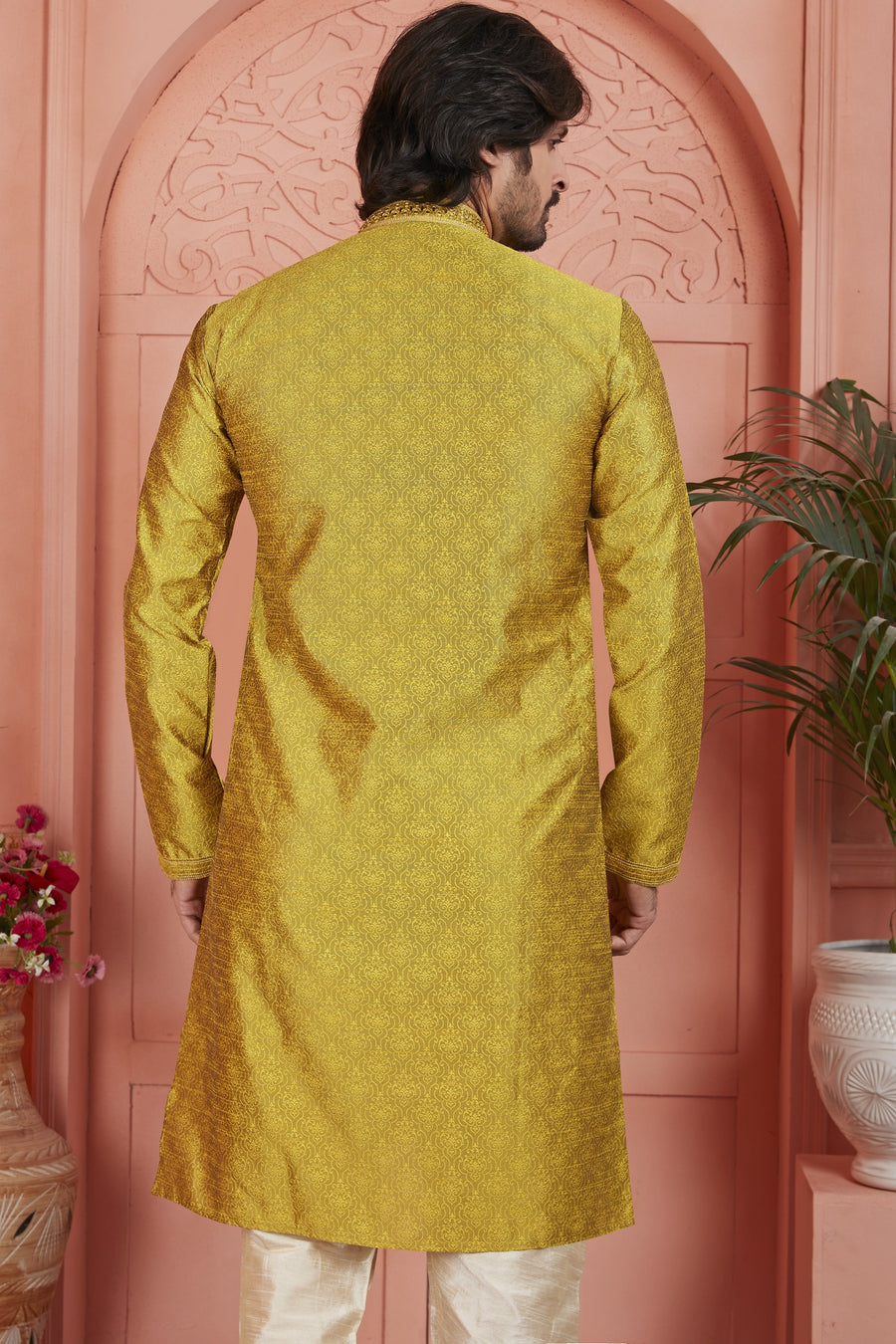 Golden Jacquard Silk Plain Straight Kurta Pajama for Men for Festival & Wedding