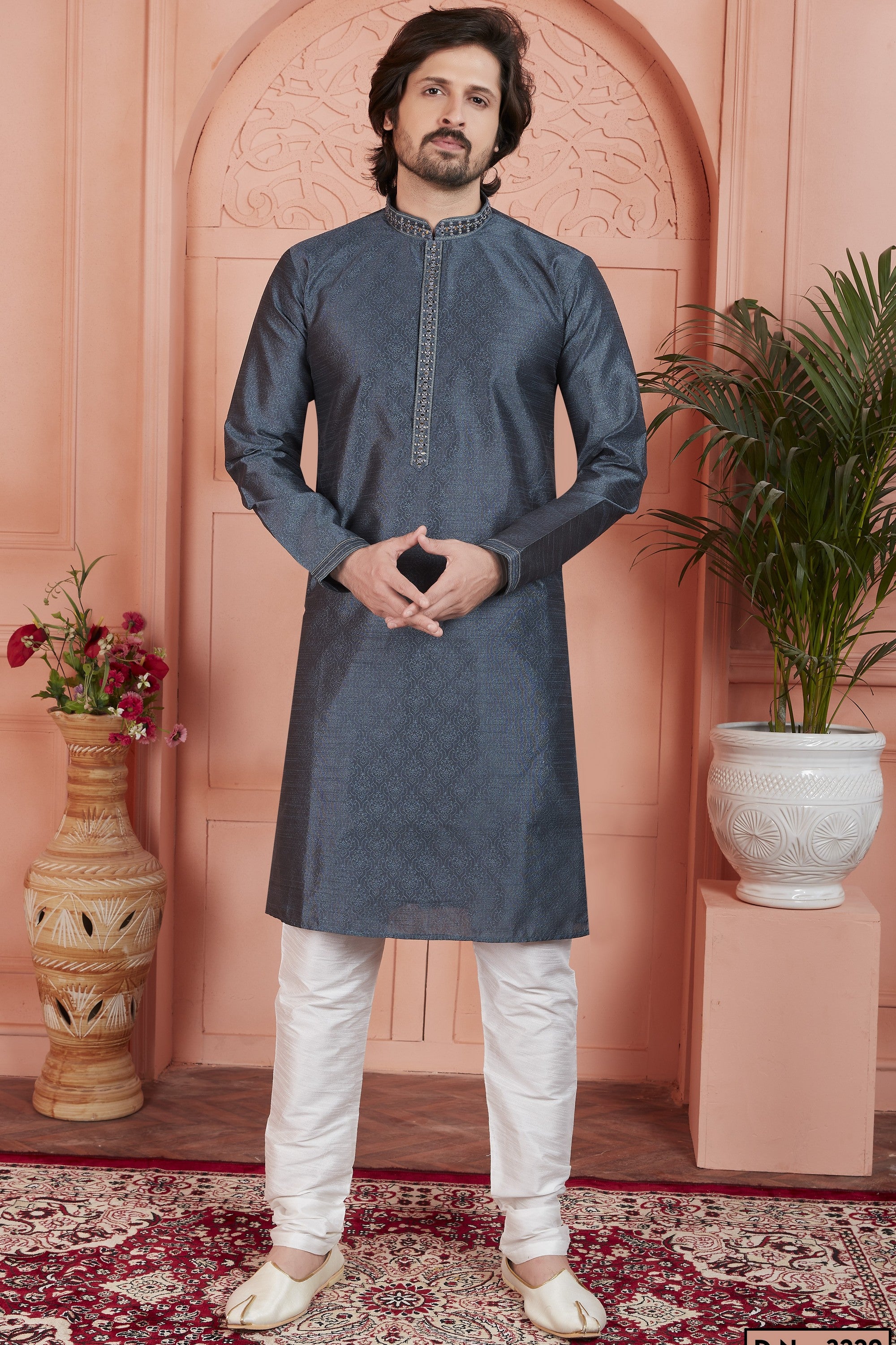 Dark Gray Jacquard Silk Plain Straight Kurta Pajama for Men for Festival & Wedding