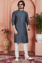 Dark Gray Jacquard Silk Plain Straight Kurta Pajama for Men for Festival & Wedding