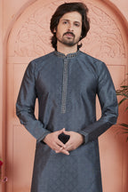 Dark Gray Jacquard Silk Plain Straight Kurta Pajama for Men for Festival & Wedding