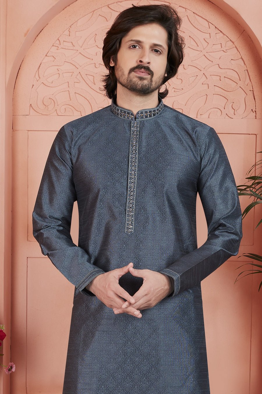 Dark Gray Jacquard Silk Plain Straight Kurta Pajama for Men for Festival & Wedding