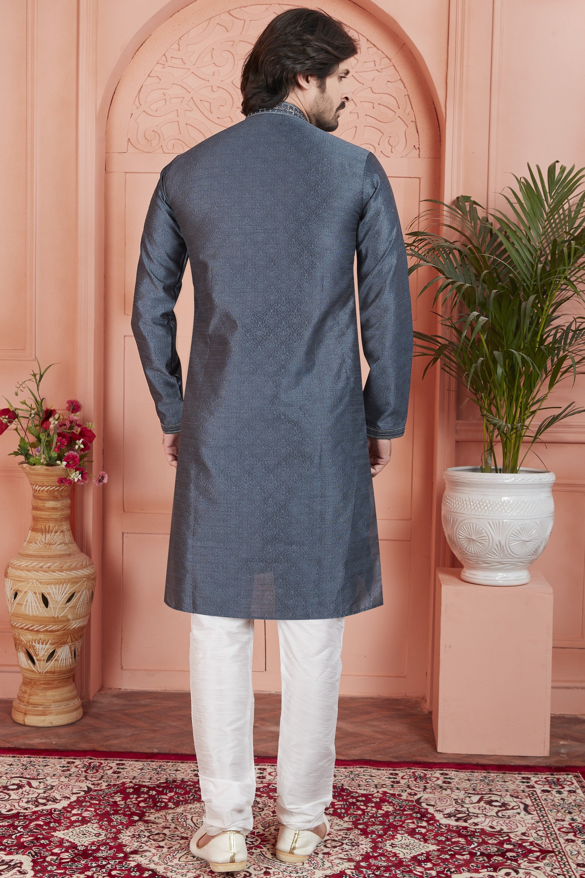 Dark Gray Jacquard Silk Plain Straight Kurta Pajama for Men for Festival & Wedding