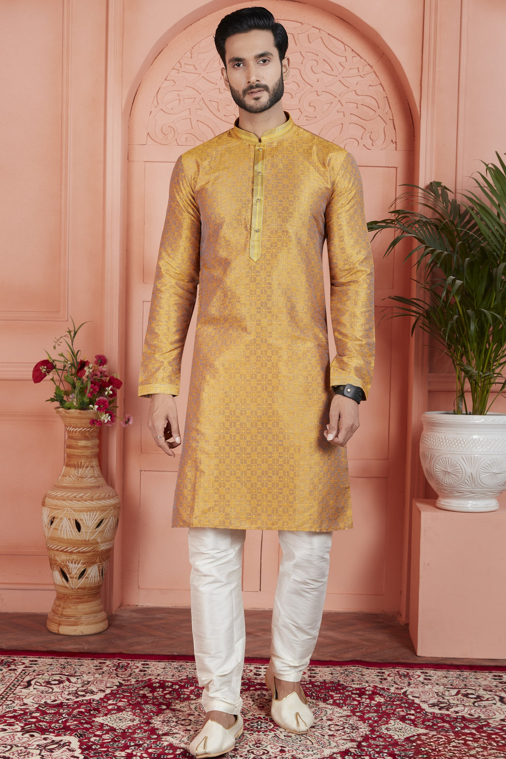 Mustard Jacquard Silk Plain Straight Kurta Pajama for Men for Festival & Wedding