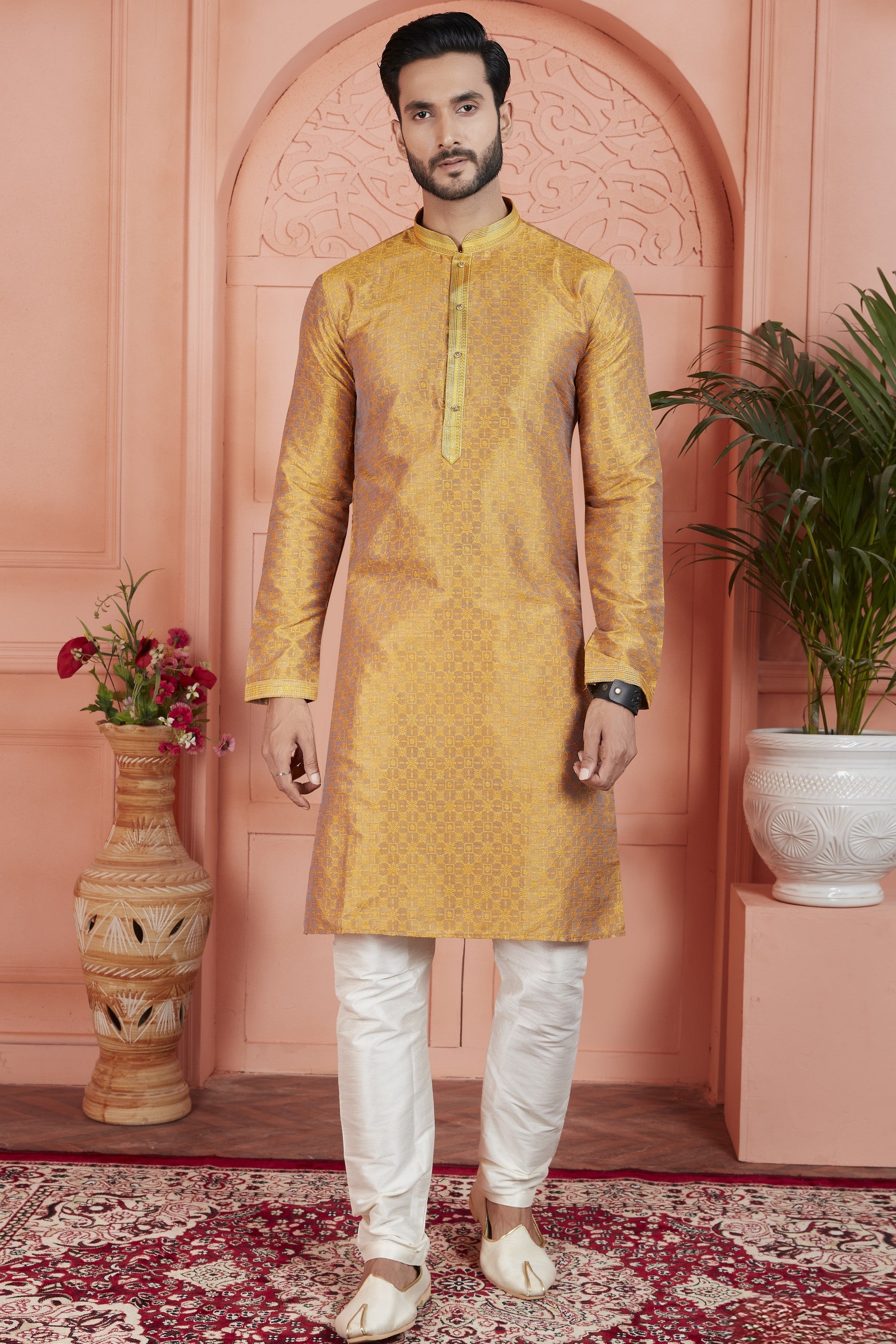 Mustard Jacquard Silk Plain Straight Kurta Pajama for Men for Festival & Wedding