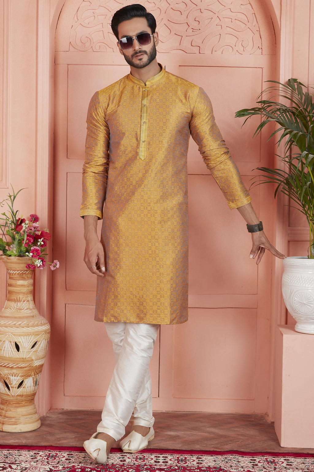Mustard Jacquard Silk Plain Straight Kurta Pajama for Men for Festival & Wedding