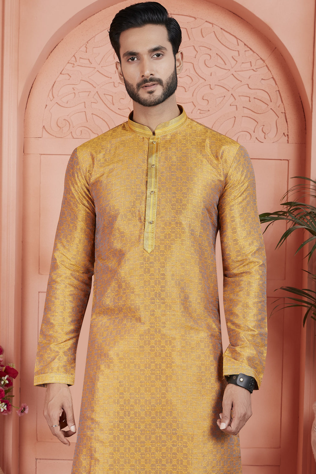 Mustard Jacquard Silk Plain Straight Kurta Pajama for Men for Festival & Wedding