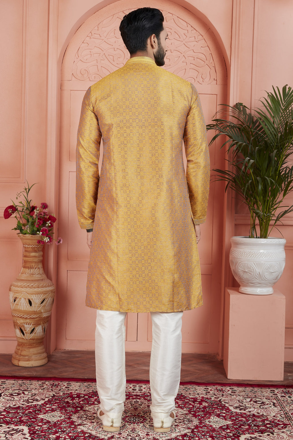 Mustard Jacquard Silk Plain Straight Kurta Pajama for Men for Festival & Wedding