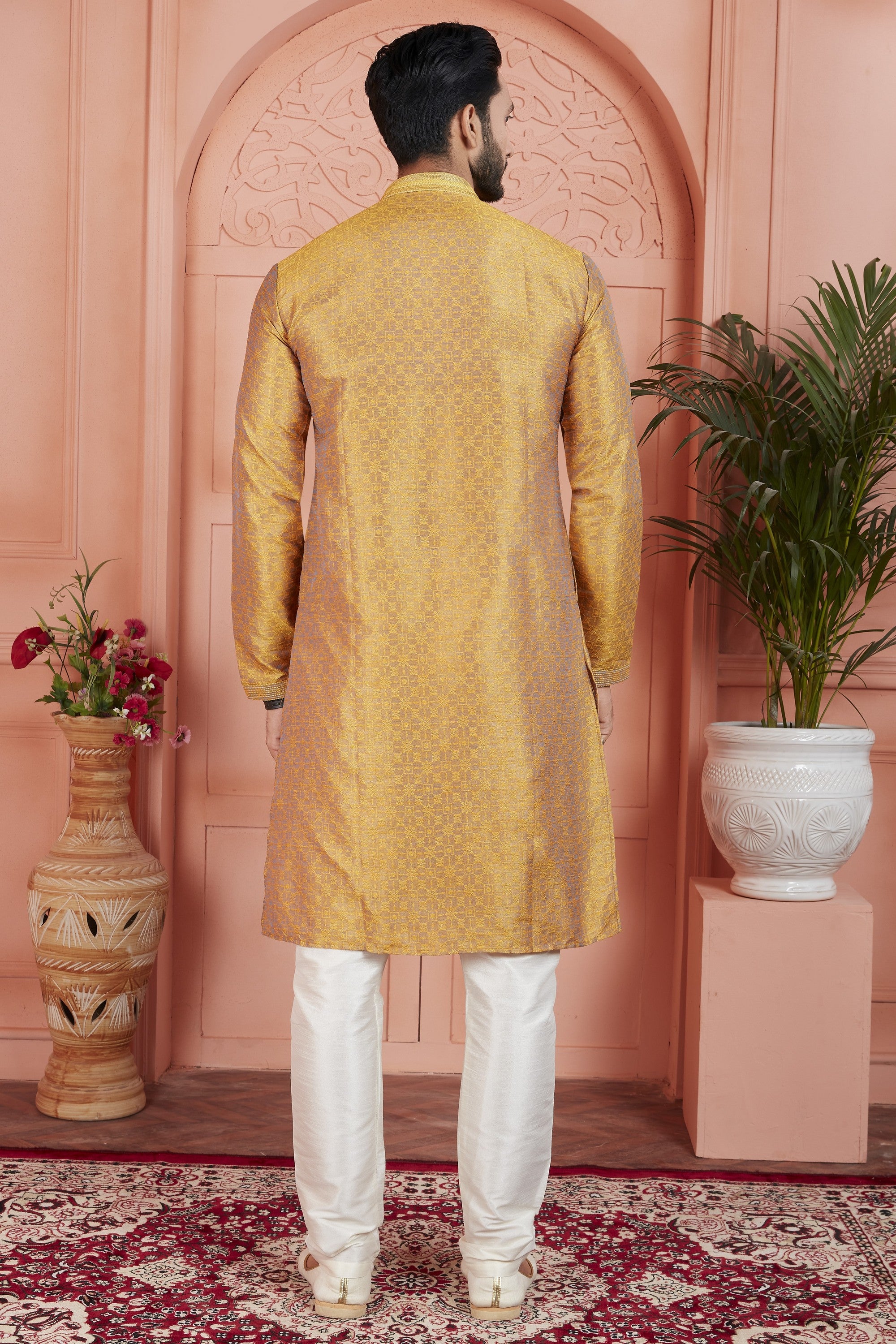 Mustard Jacquard Silk Plain Straight Kurta Pajama for Men for Festival & Wedding