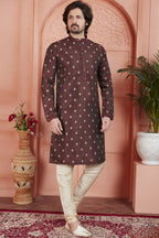Maroon Jacquard Silk Plain Straight Kurta Pajama for Men for Festival & Wedding