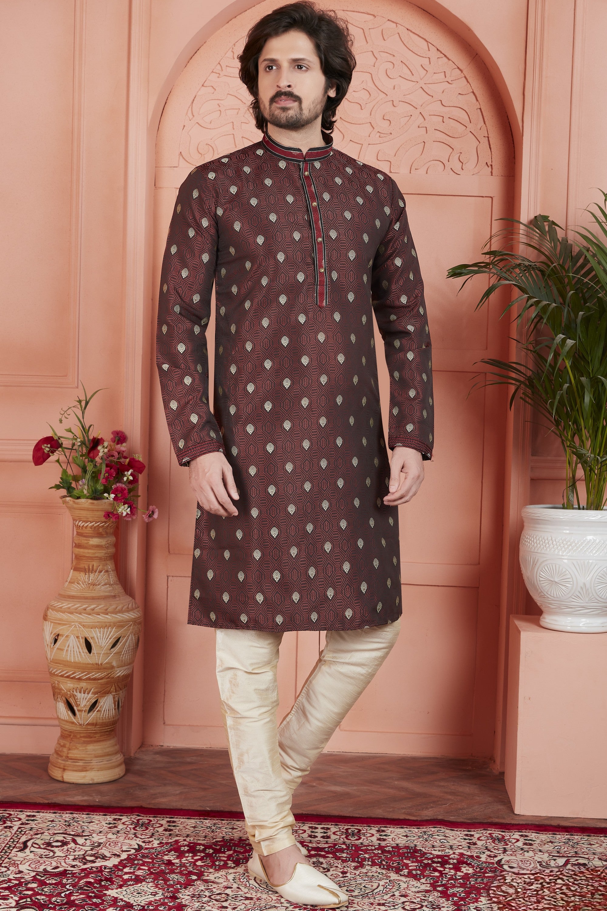Maroon Jacquard Silk Plain Straight Kurta Pajama for Men for Festival & Wedding