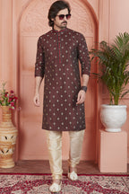 Maroon Jacquard Silk Plain Straight Kurta Pajama for Men for Festival & Wedding