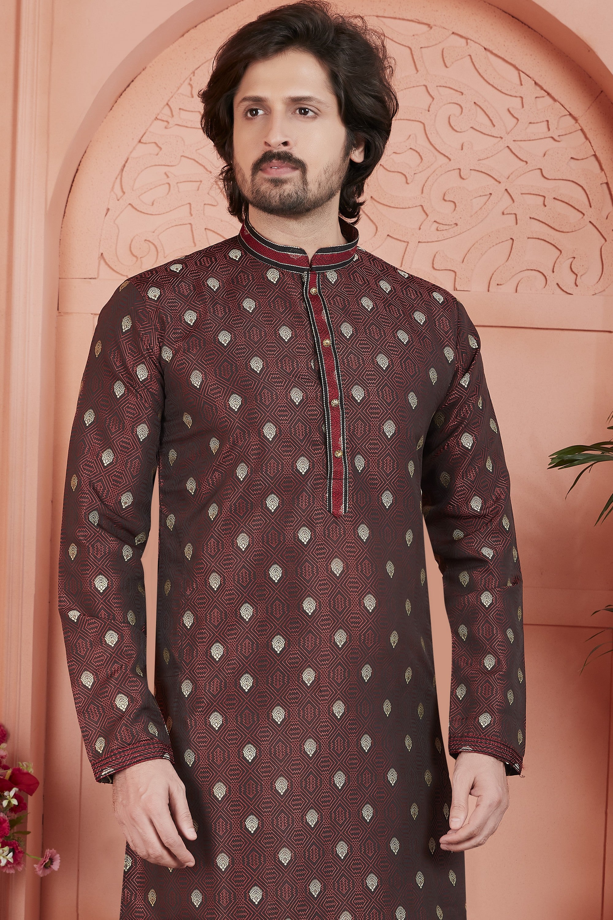 Maroon Jacquard Silk Plain Straight Kurta Pajama for Men for Festival & Wedding