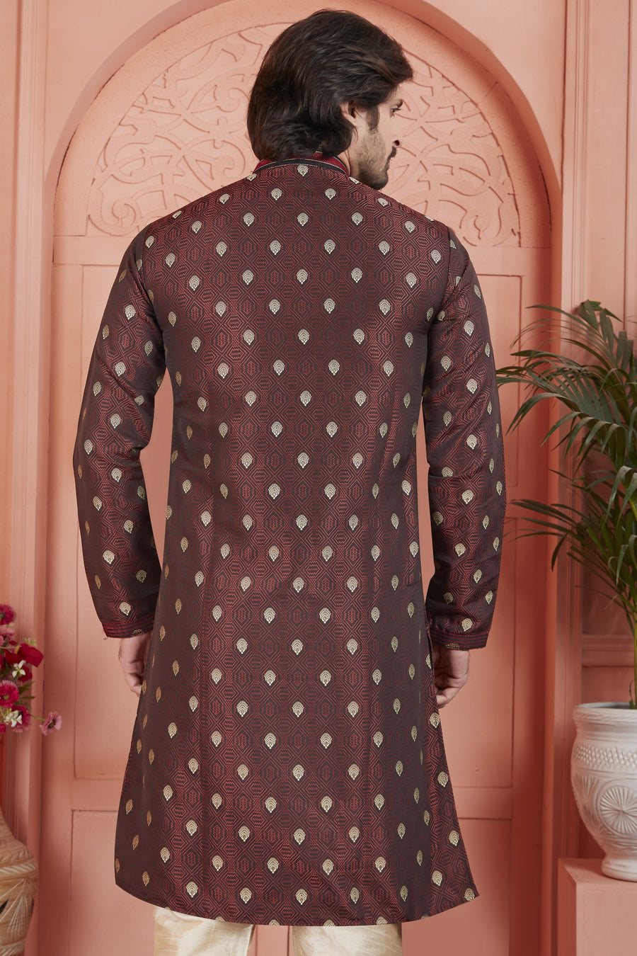 Maroon Jacquard Silk Plain Straight Kurta Pajama for Men for Festival & Wedding