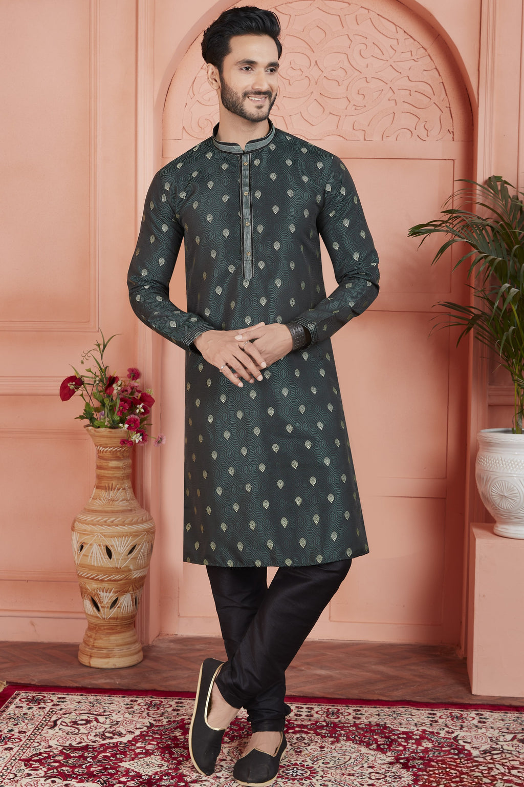 Greyish Green Jacquard Silk Plain Straight Kurta Pajama for Men for Festival & Wedding