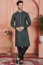 Greyish Green Jacquard Silk Plain Straight Kurta Pajama for Men for Festival & Wedding