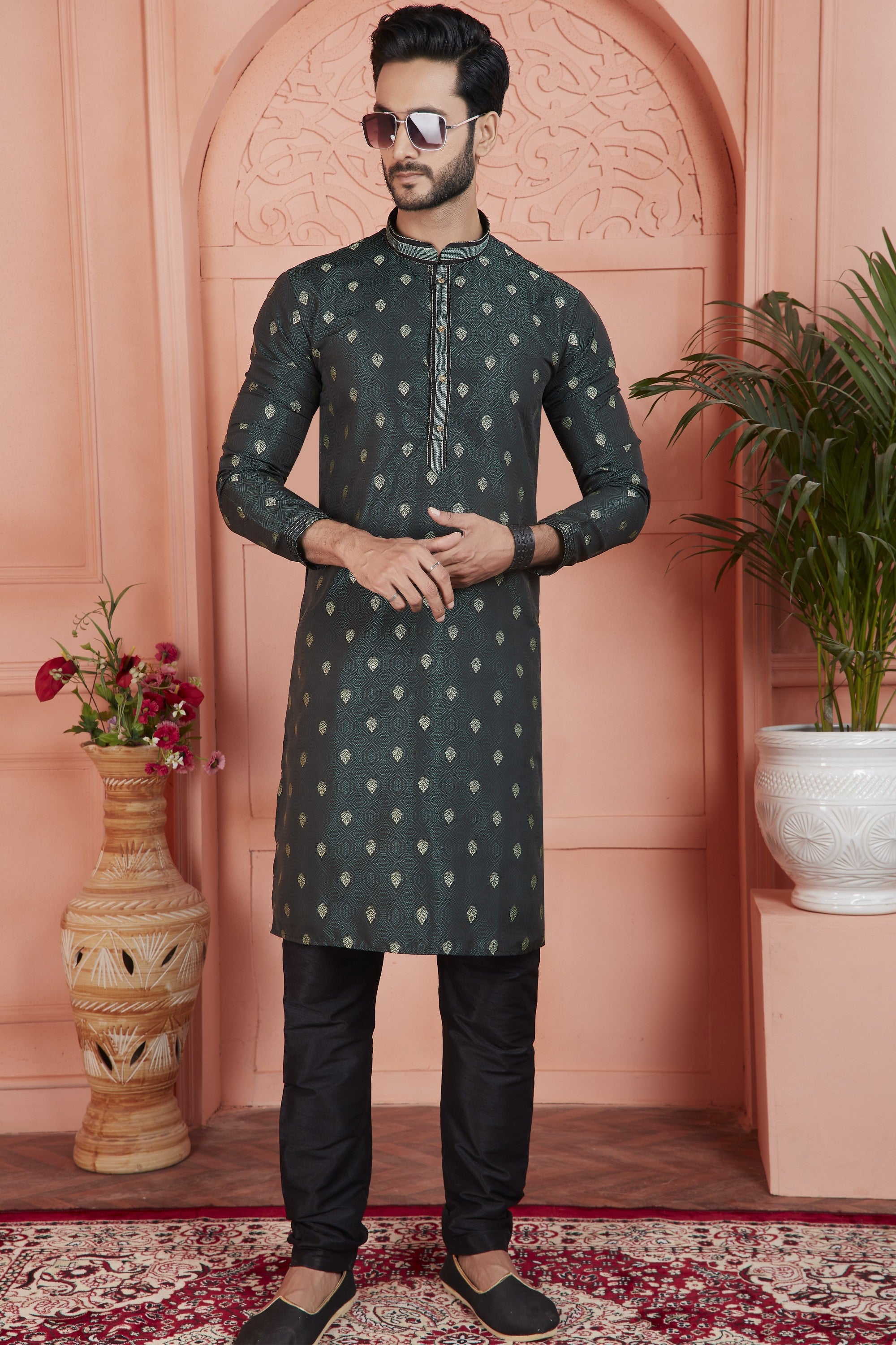 Greyish Green Jacquard Silk Plain Straight Kurta Pajama for Men for Festival & Wedding
