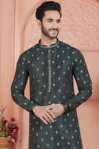 Greyish Green Jacquard Silk Plain Straight Kurta Pajama for Men for Festival & Wedding