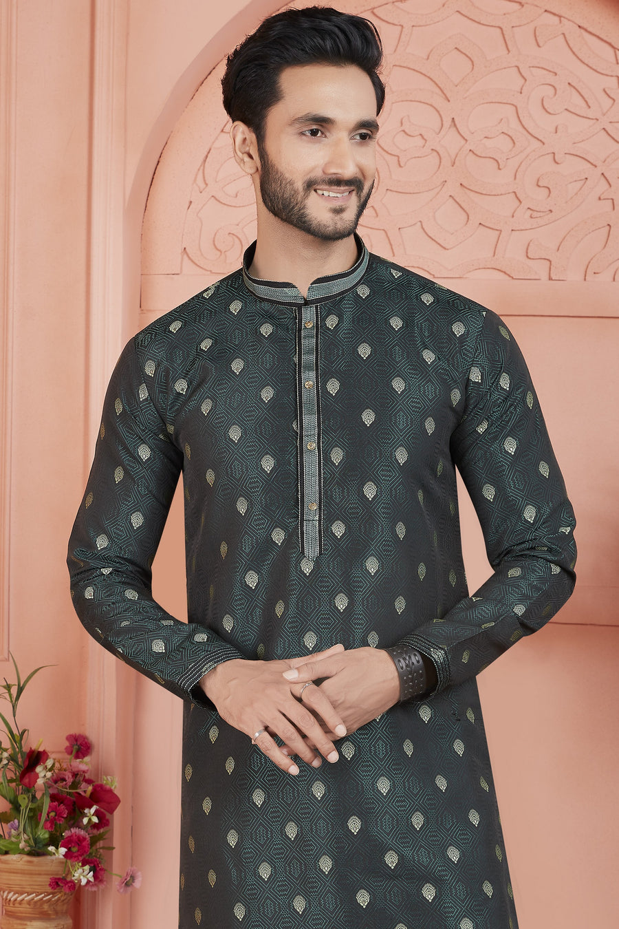 Greyish Green Jacquard Silk Plain Straight Kurta Pajama for Men for Festival & Wedding