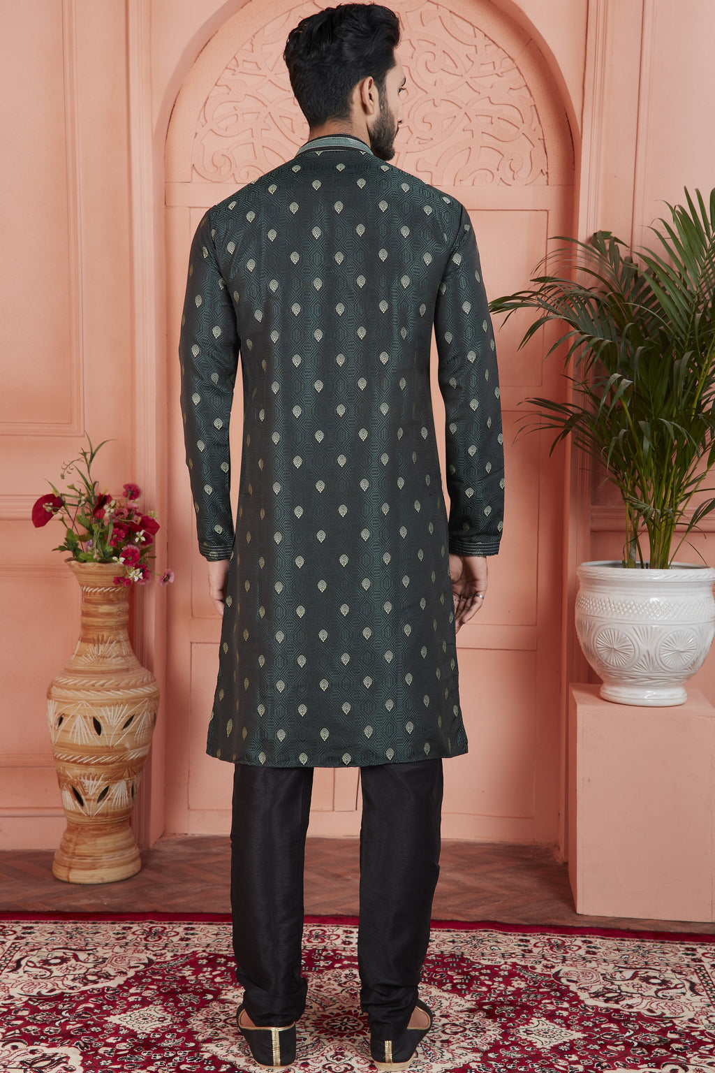 Greyish Green Jacquard Silk Plain Straight Kurta Pajama for Men for Festival & Wedding