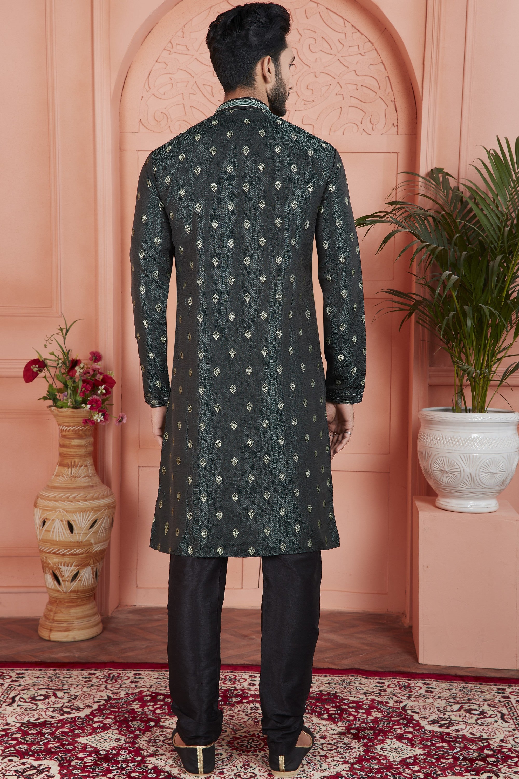 Greyish Green Jacquard Silk Plain Straight Kurta Pajama for Men for Festival & Wedding