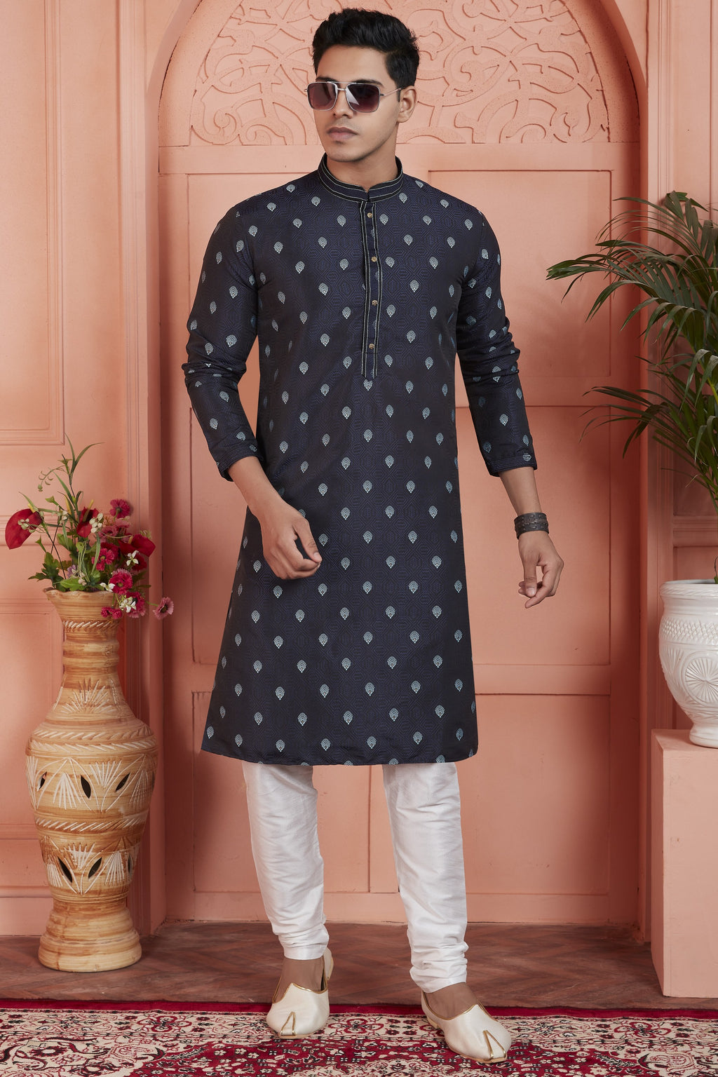 Bluish Black Jacquard Silk Plain Straight Kurta Pajama for Men for Festival & Wedding