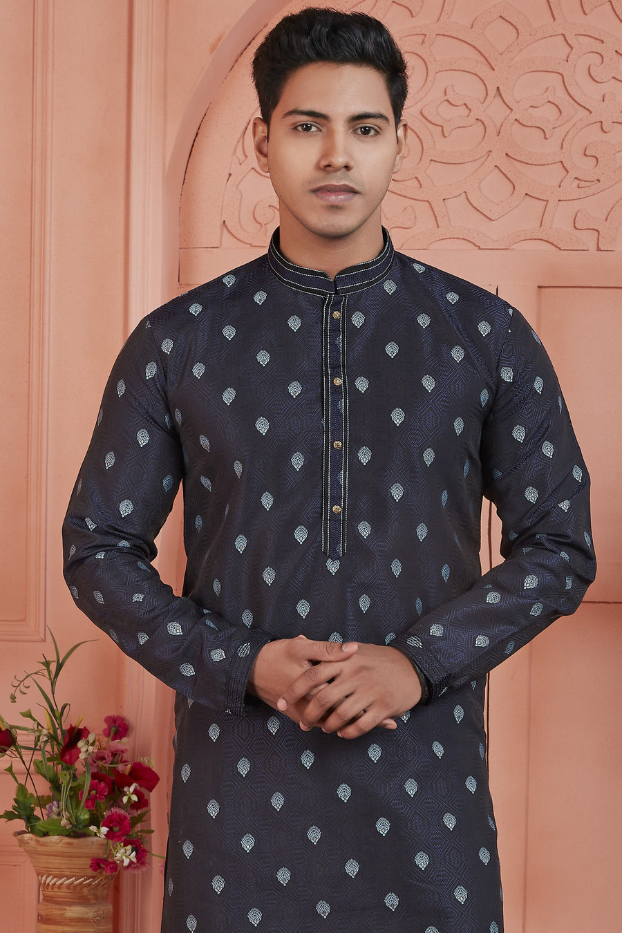 Bluish Black Jacquard Silk Plain Straight Kurta Pajama for Men for Festival & Wedding