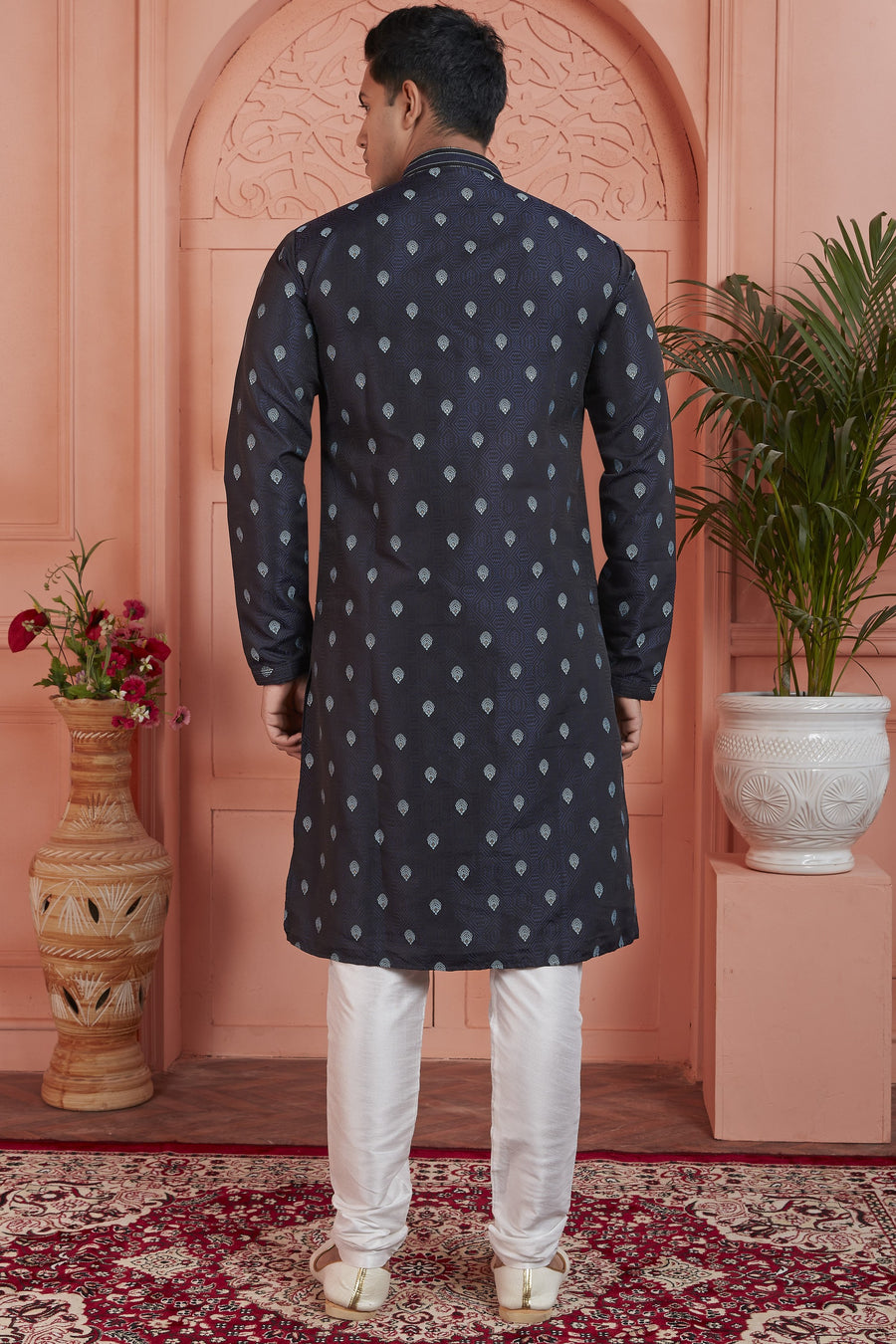 Bluish Black Jacquard Silk Plain Straight Kurta Pajama for Men for Festival & Wedding