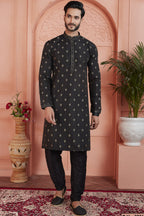 Black Jacquard Silk Plain Straight Kurta Pajama for Men for Festival & Wedding