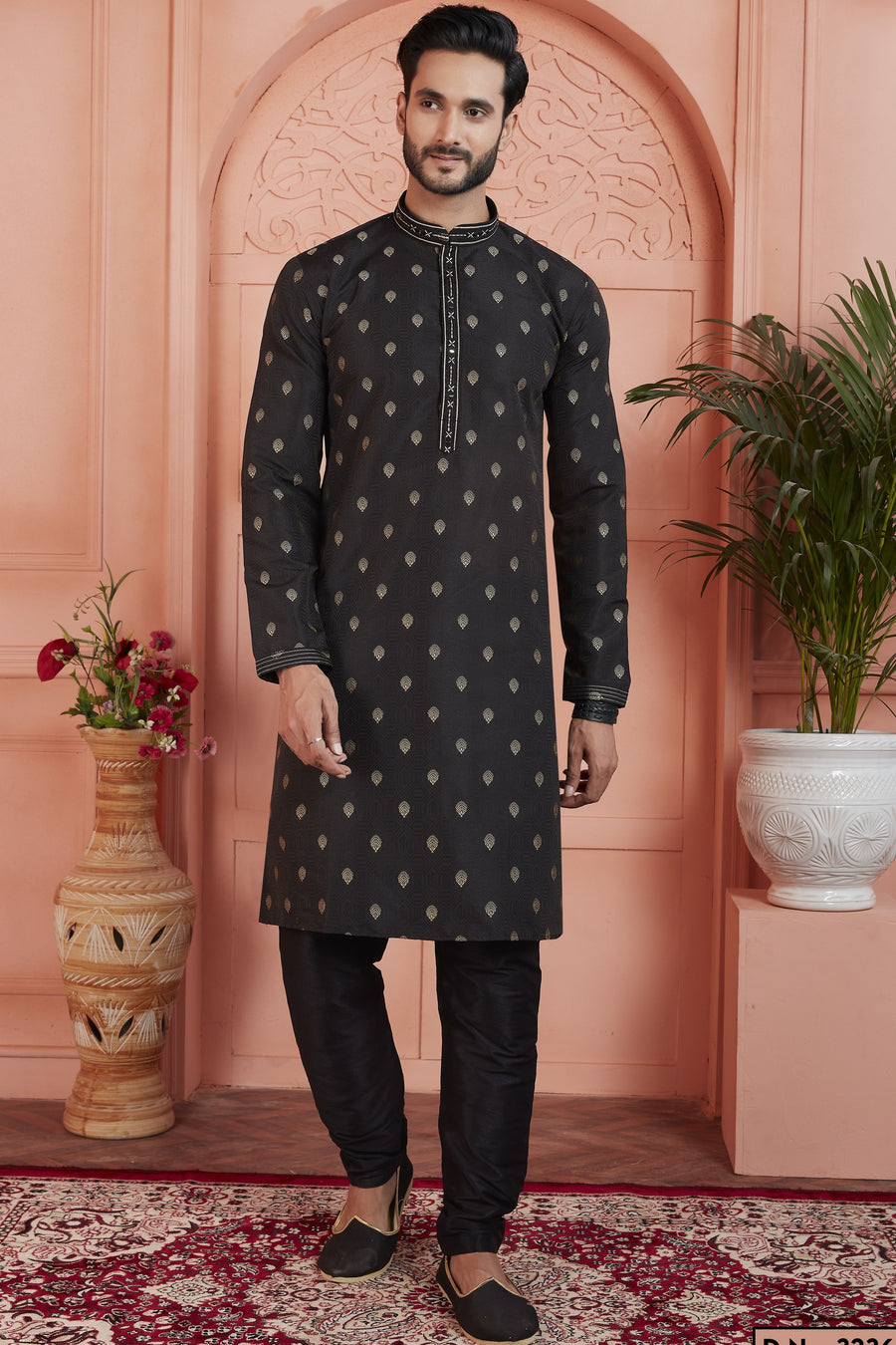 Black Jacquard Silk Plain Straight Kurta Pajama for Men for Festival & Wedding