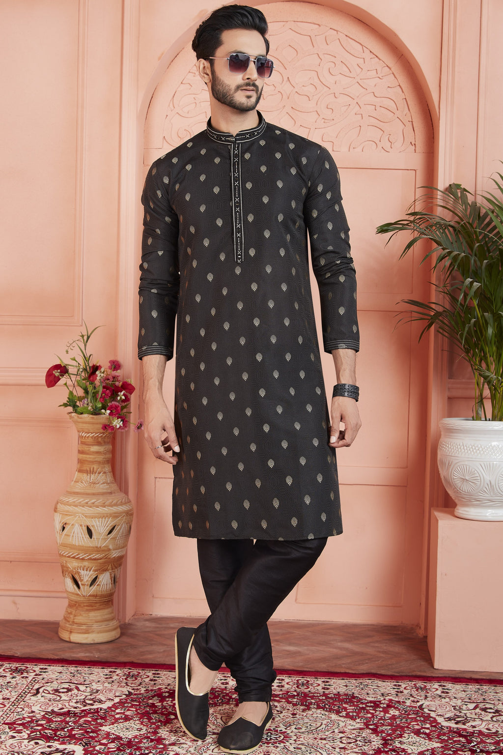 Black Jacquard Silk Plain Straight Kurta Pajama for Men for Festival & Wedding