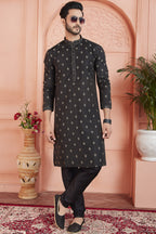 Black Jacquard Silk Plain Straight Kurta Pajama for Men for Festival & Wedding