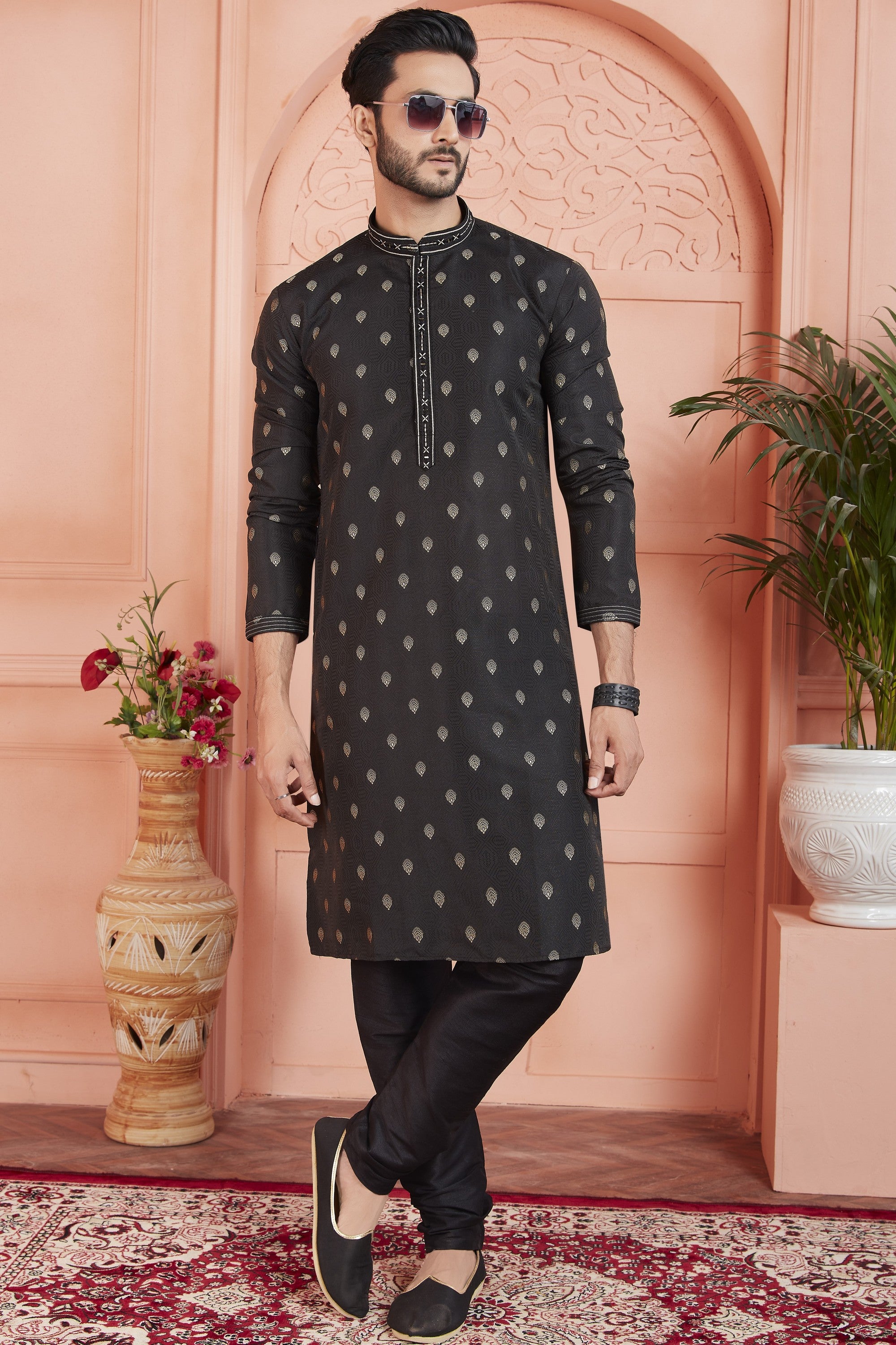 Black Jacquard Silk Plain Straight Kurta Pajama for Men for Festival & Wedding