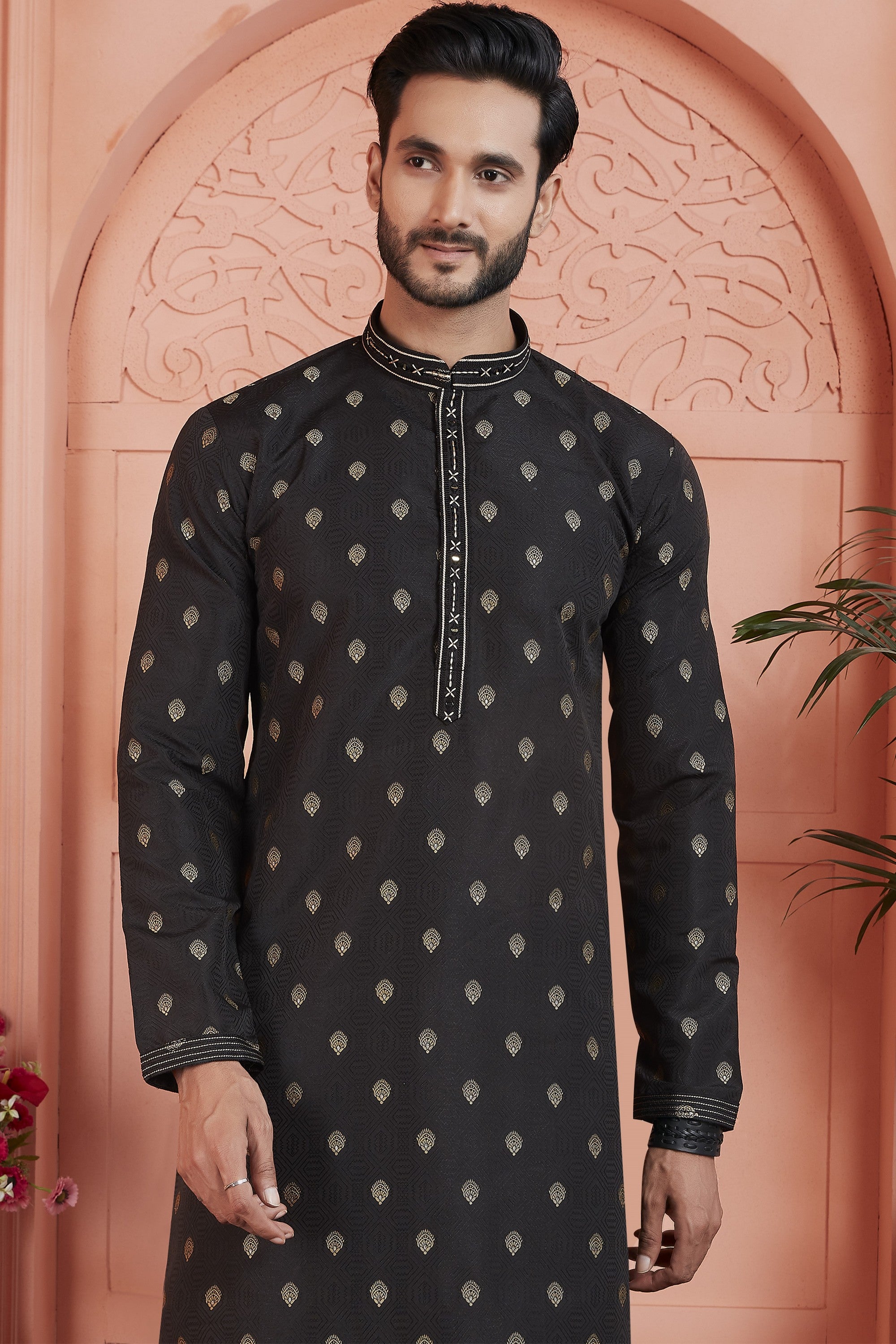 Black Jacquard Silk Plain Straight Kurta Pajama for Men for Festival & Wedding