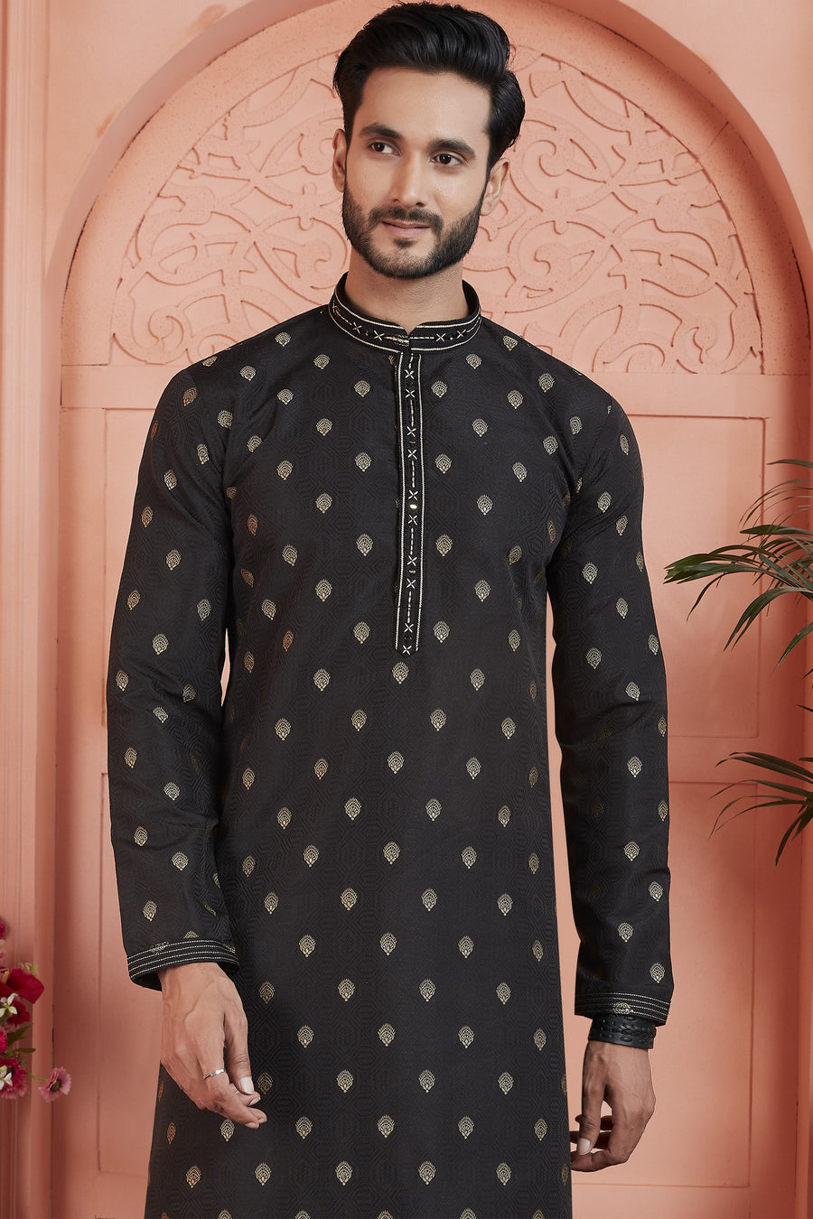 Black Jacquard Silk Plain Straight Kurta Pajama for Men for Festival & Wedding