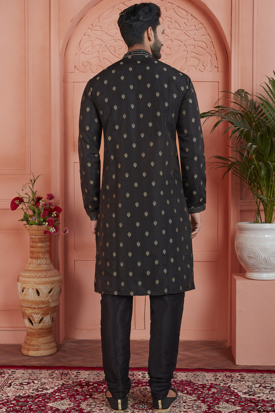 Black Jacquard Silk Plain Straight Kurta Pajama for Men for Festival & Wedding