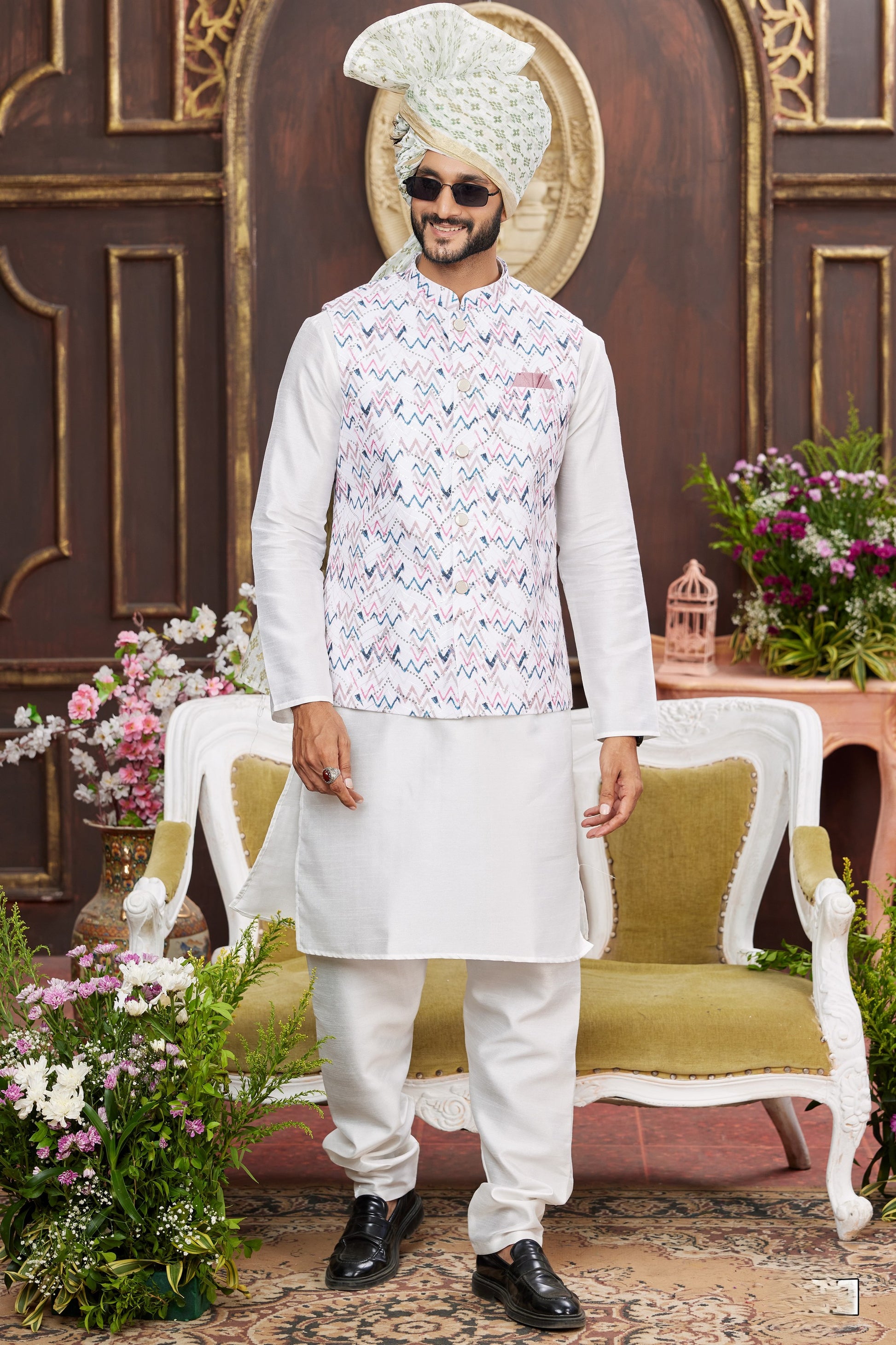 Wedding Dress Kurta Coat Design Gents White Art Silk Kurta Pajama