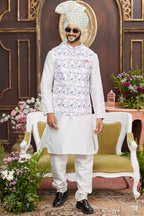 White Art Silk Kurta Pajama with Waistcoat Jacket for Men for Wedding & Festivals - Print Work