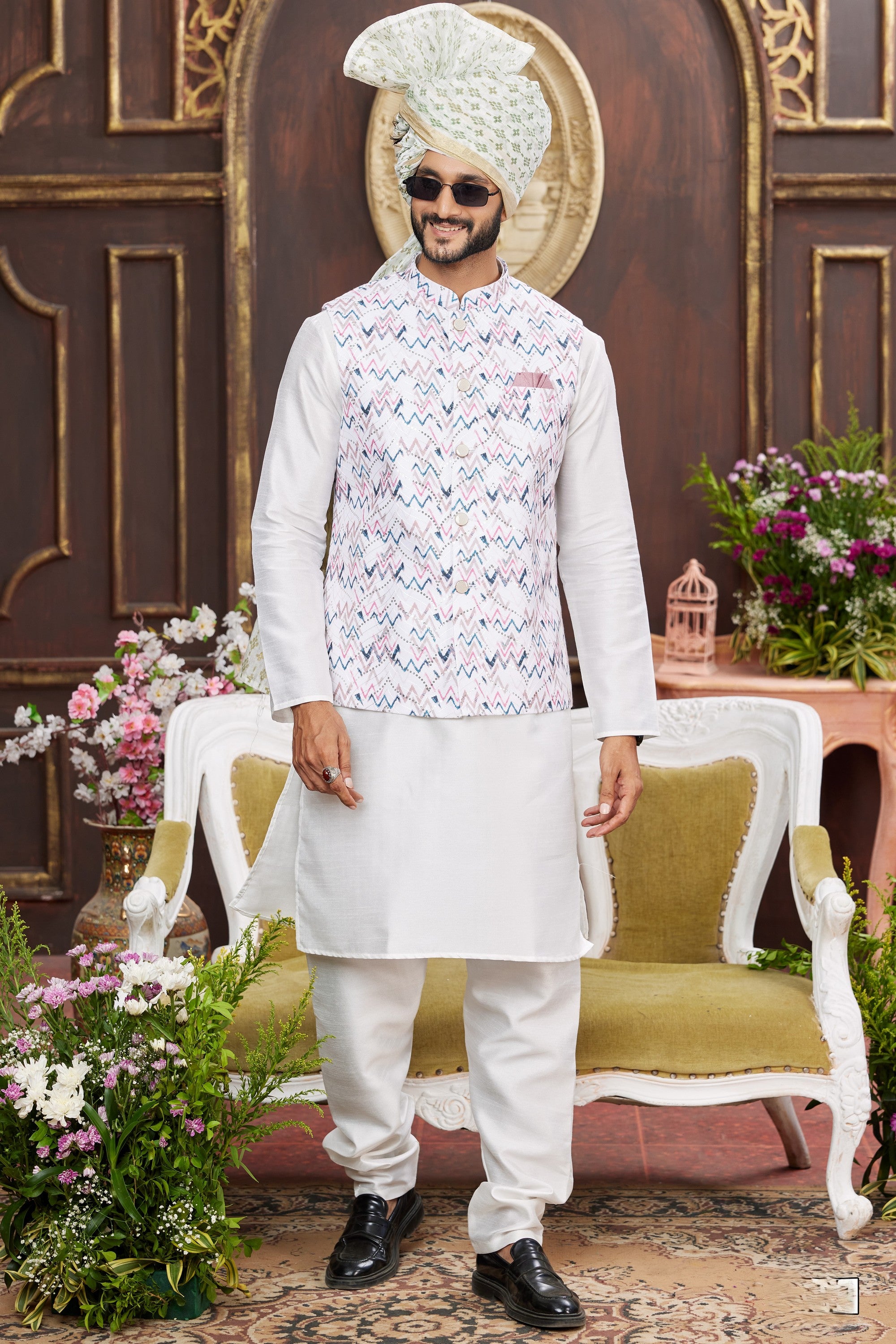 White Art Silk Kurta Pajama with Waistcoat Jacket for Men for Wedding & Festivals - Print Work