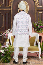 White Art Silk Kurta Pajama with Waistcoat Jacket for Men for Wedding & Festivals - Print Work