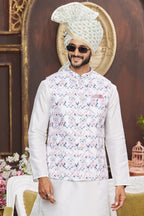 White Art Silk Kurta Pajama with Waistcoat Jacket for Men for Wedding & Festivals - Print Work