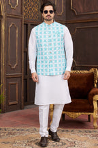 Blue White Art Silk Kurta Pajama with Waistcoat Jacket for Men for Wedding & Festivals - Print Work